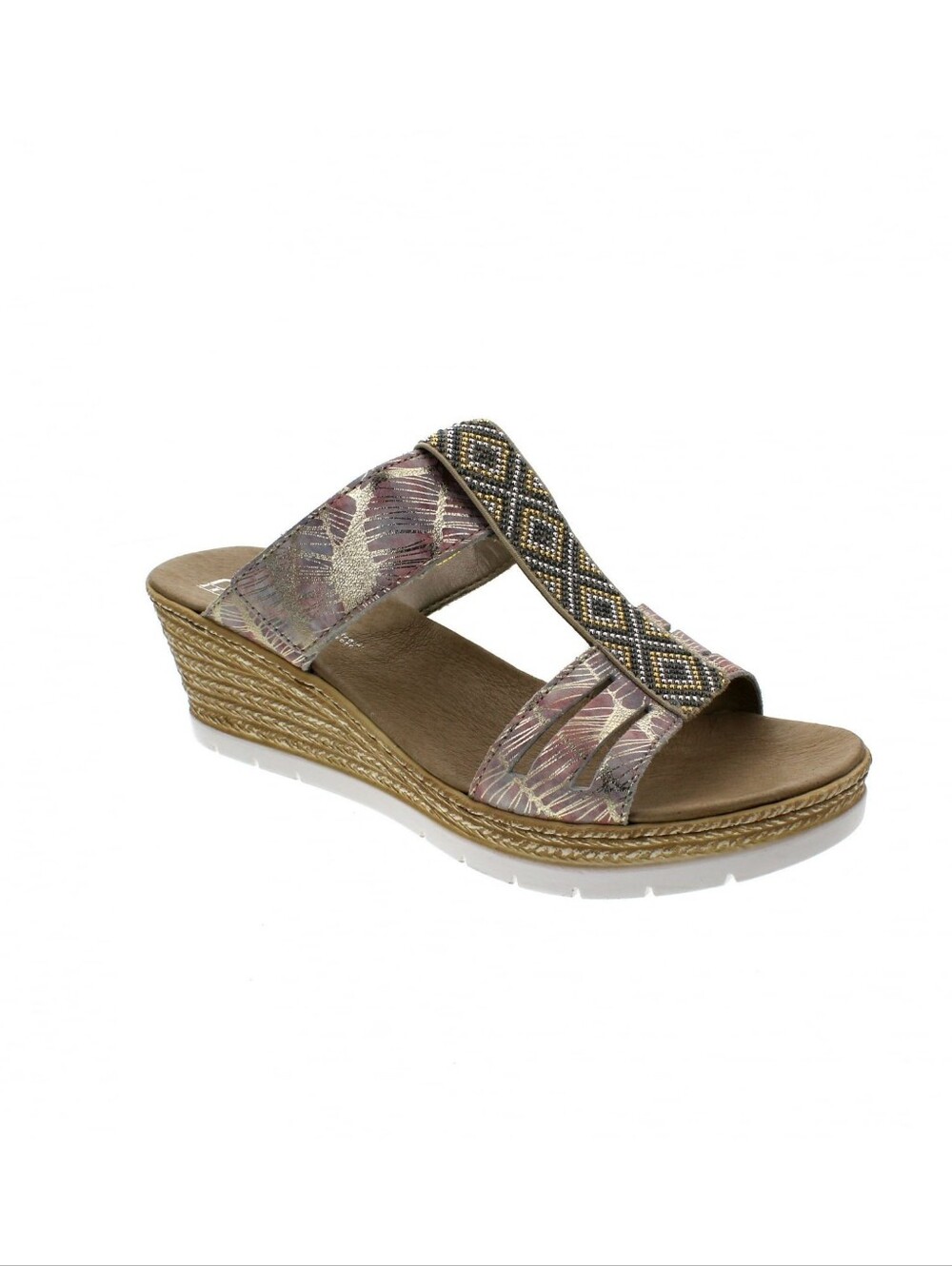 Rieker Marbled Rose Gold Beaded Strap Wedge Slide Mule Sandals